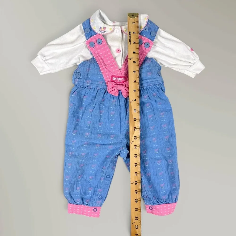 Vtg OshKosh Overalls & Shirt Pink Blue Rocking Horse Bows Vestbak Size 3-6 Mos